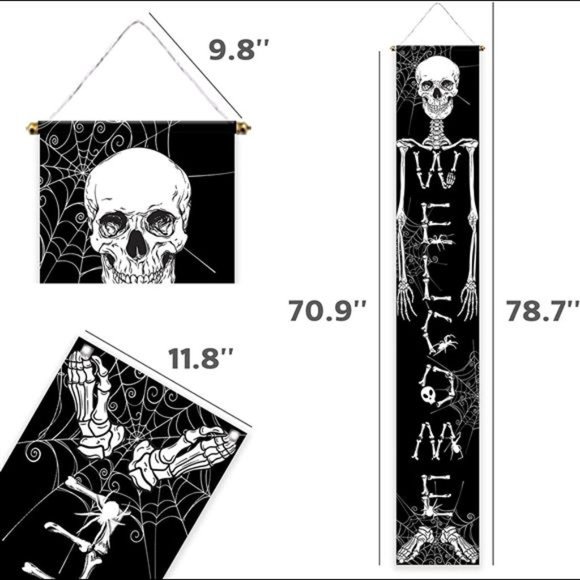 11.8"x70.9" 2PCS Halloween Skeleton Porch Sign for Day of The Dead Skull Welcome - Picture 3 of 4